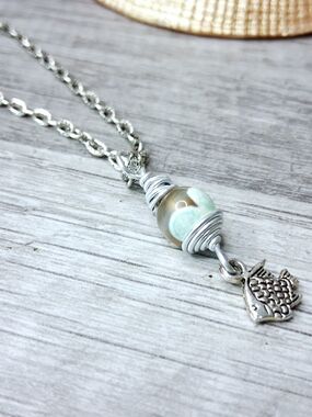 Silver Wire-Wrapped Choker Necklace with Agate Bead and Fish Charm